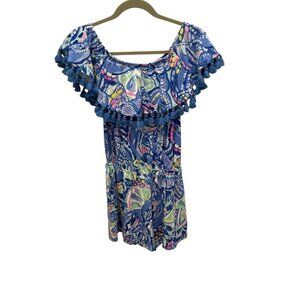 Lilly Pulitzer Blue Tropical Print Pom-Pom Off-Shoulder Romper XXS